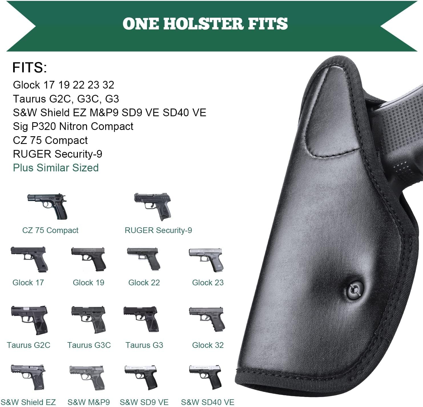 Funda universal de piel IWB ECO opcional tamaño completo  compacto – Pistolas subcompactas  tamaño de bolsillo, retención adjunta, clip de acero de