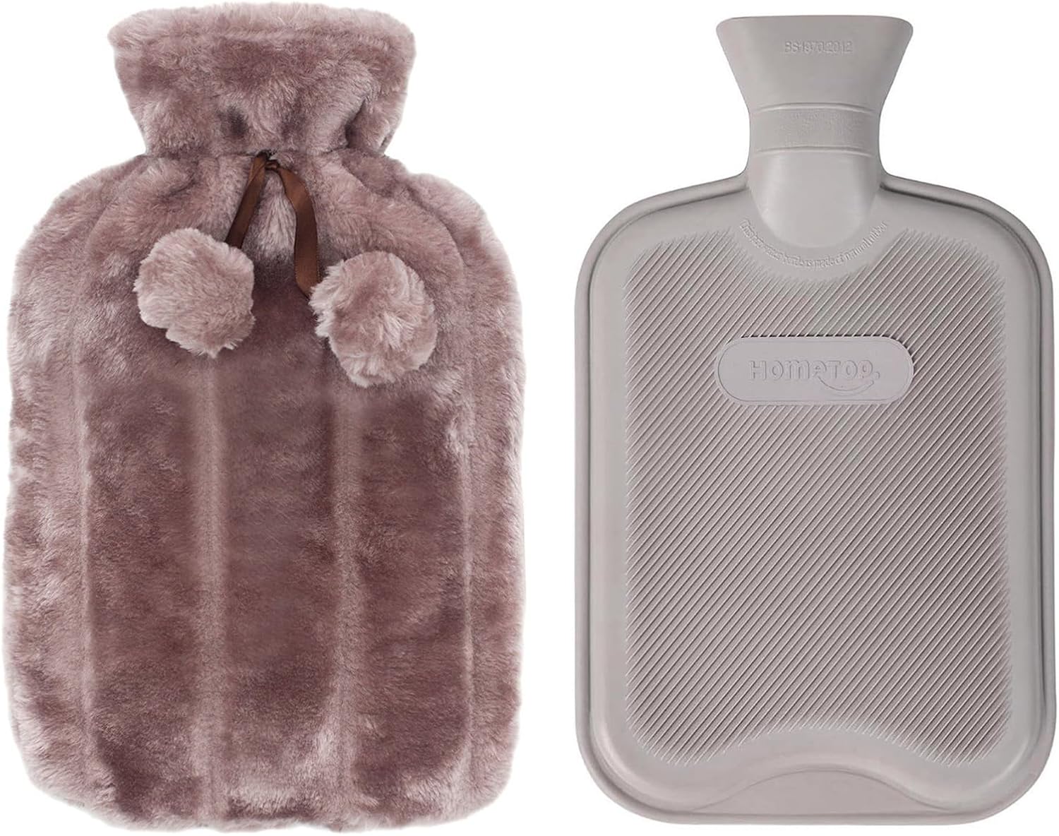 HomeTop Botella de agua caliente de goma clásica de alta calidad y lujosa funda de forro polar de felpa de piel sintética con decoración de pompones