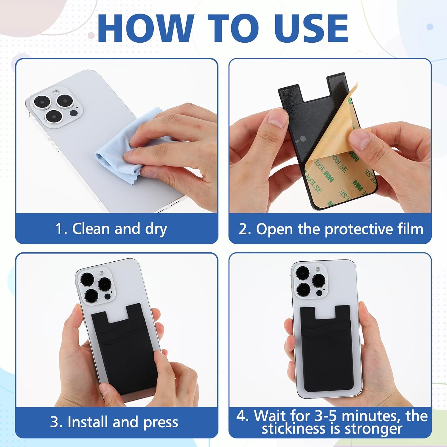 3 carteras de teléfono para la parte posterior de la funda del teléfono, soporte adhesivo de silicona para tarjetas de crédito, compatible con