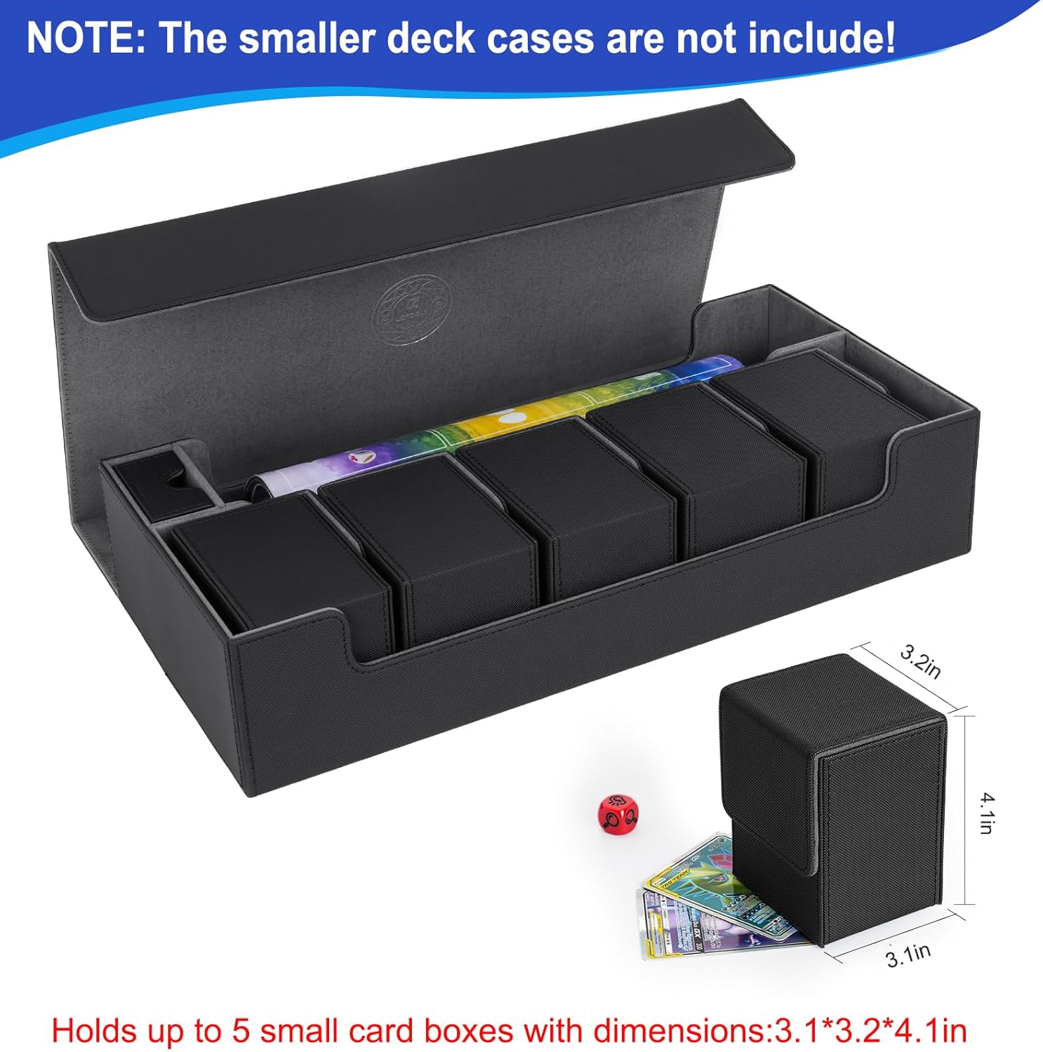 Caja de cartas extra grande, caja de almacenamiento para juegos de cartas de alta calidad, se adapta a 5 mazos con funda de alfombrilla y
