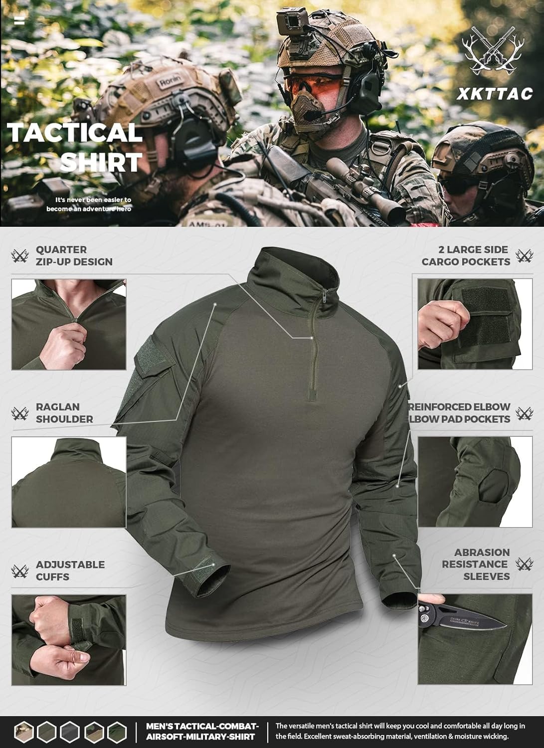 XKTTAC – Camiseta táctica de combate G3 para hombre con 2-4 bolsillos para Airsoft, actividades militares, paintball, equipo de camping, camiseta