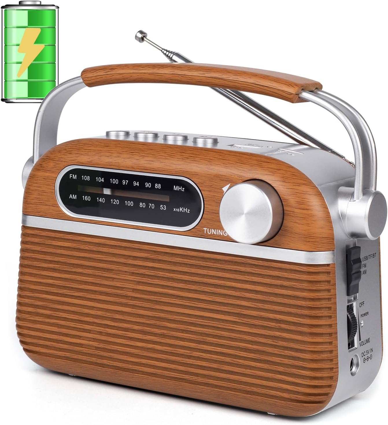 ONGTEED Radio analógica AM FM portátil enchufable de pared con altavoz Bluetooth, fuentes de alimentación de 3 vías, batería recargable incorporada,