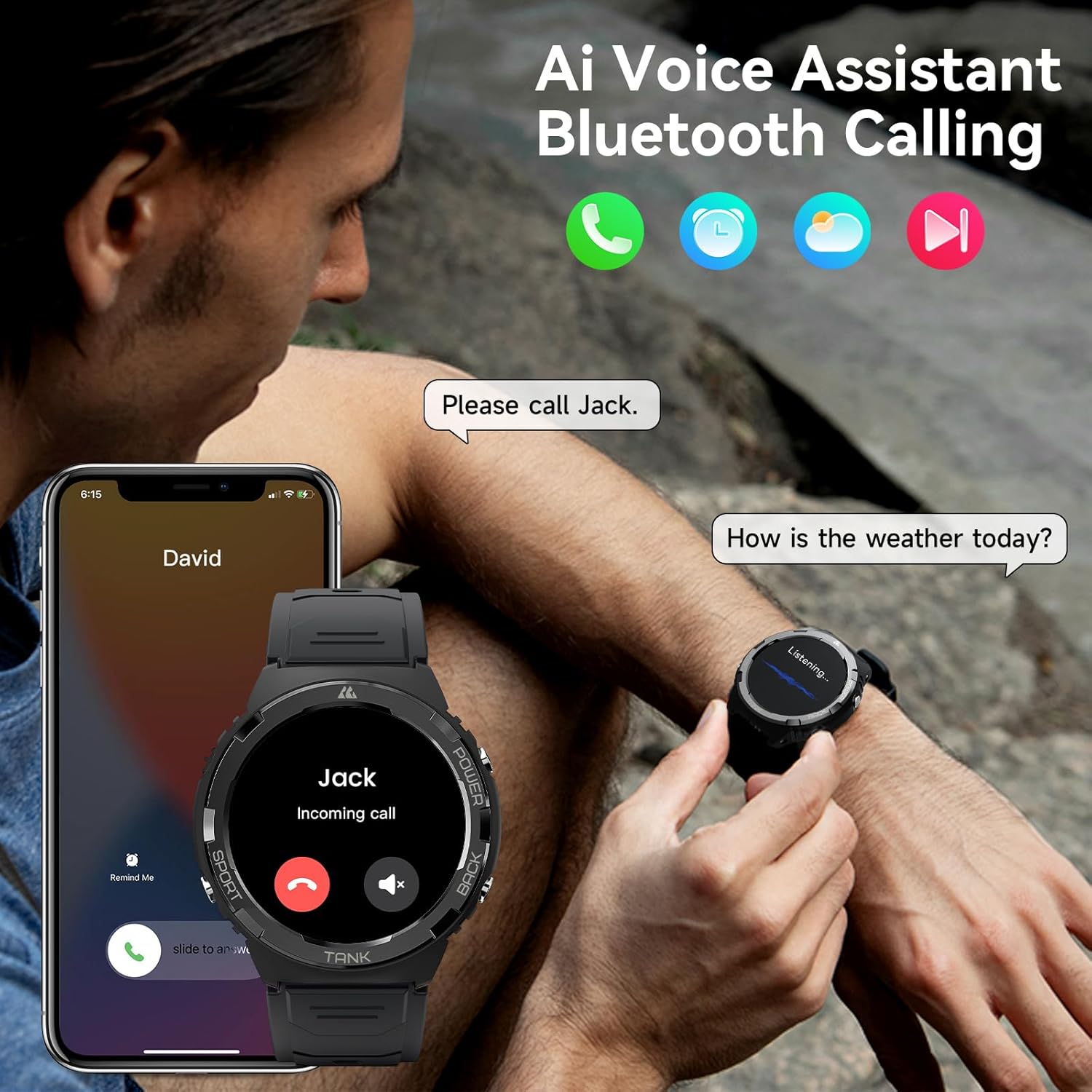 AMAZTIM Reloj inteligente, resistente al agua hasta 164.0 ft, batería extra larga de 50 días, resistente militar (respuestallamadas de marcación),