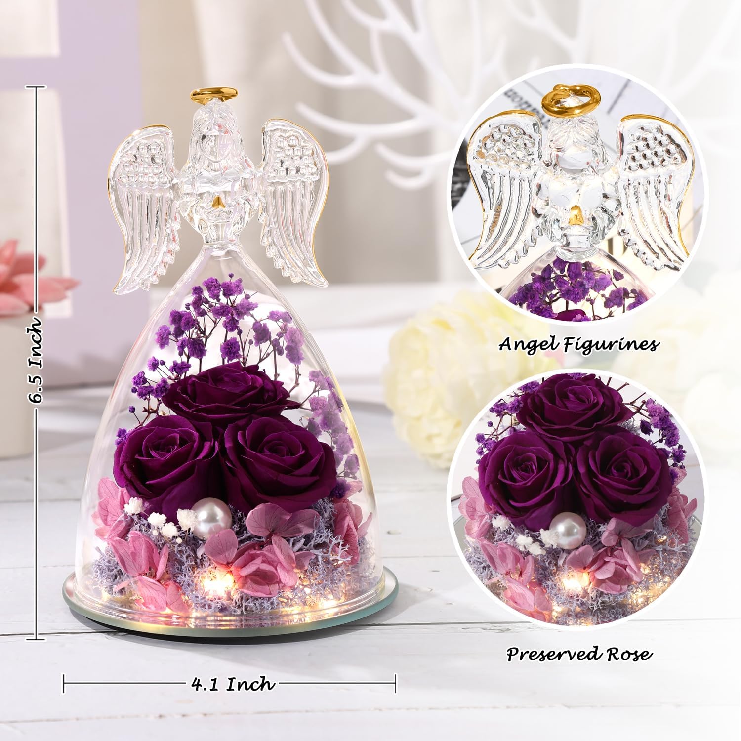 ANWEAO Regalos de rosas de flores en figuras de ángel de cristal, regalos de cumpleaños para mujeres, regalos de rosa para el día de la madre para