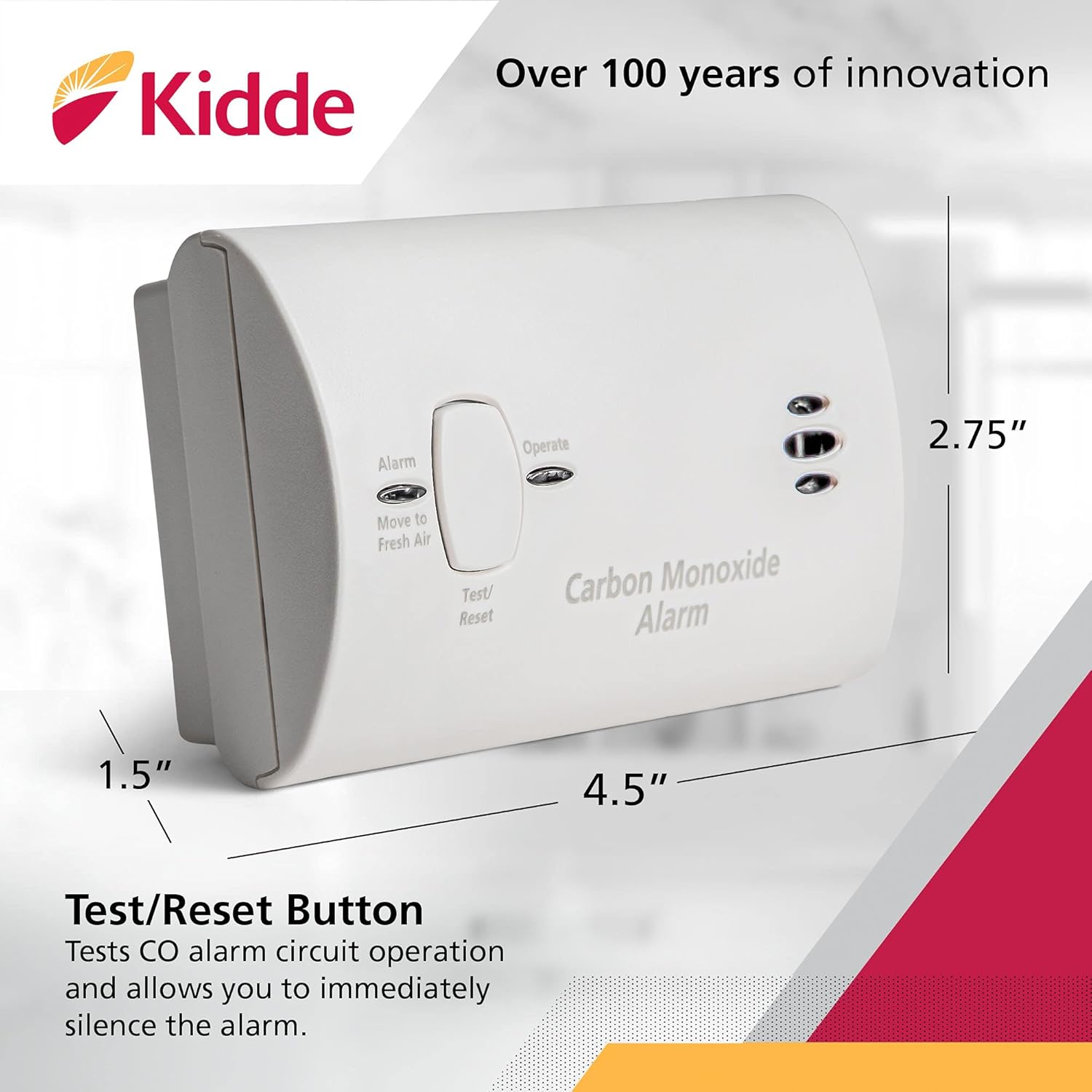 Kidde Detector de monóxido de carbono, alarma de CO alimentada por batería con LED, botón de reinicio de prueba y detector de humo premium, alarma