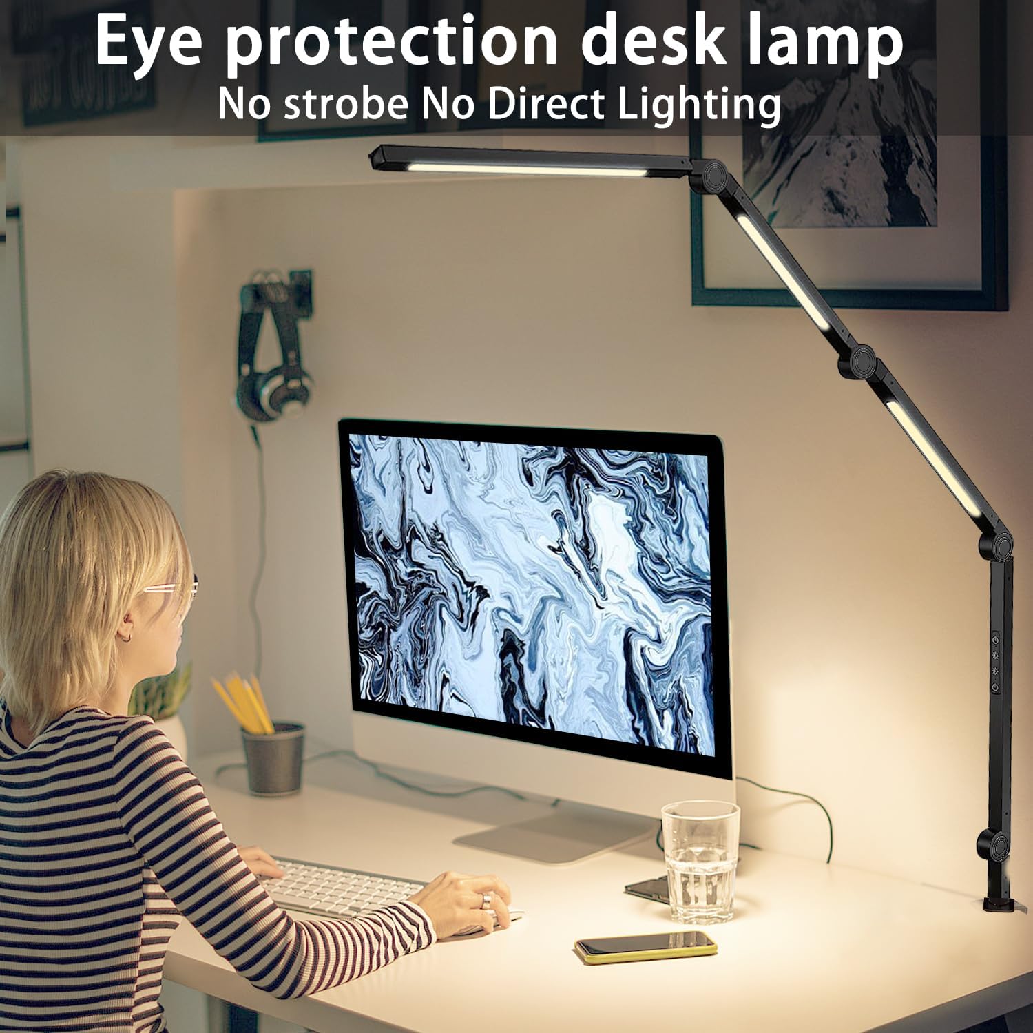 LED Desk Lamp with Clamp Flexible 4 sections Swing Arm Three light sources desk light, 4 Color Modes & 5 Brightness, Eye Caring Led table light with