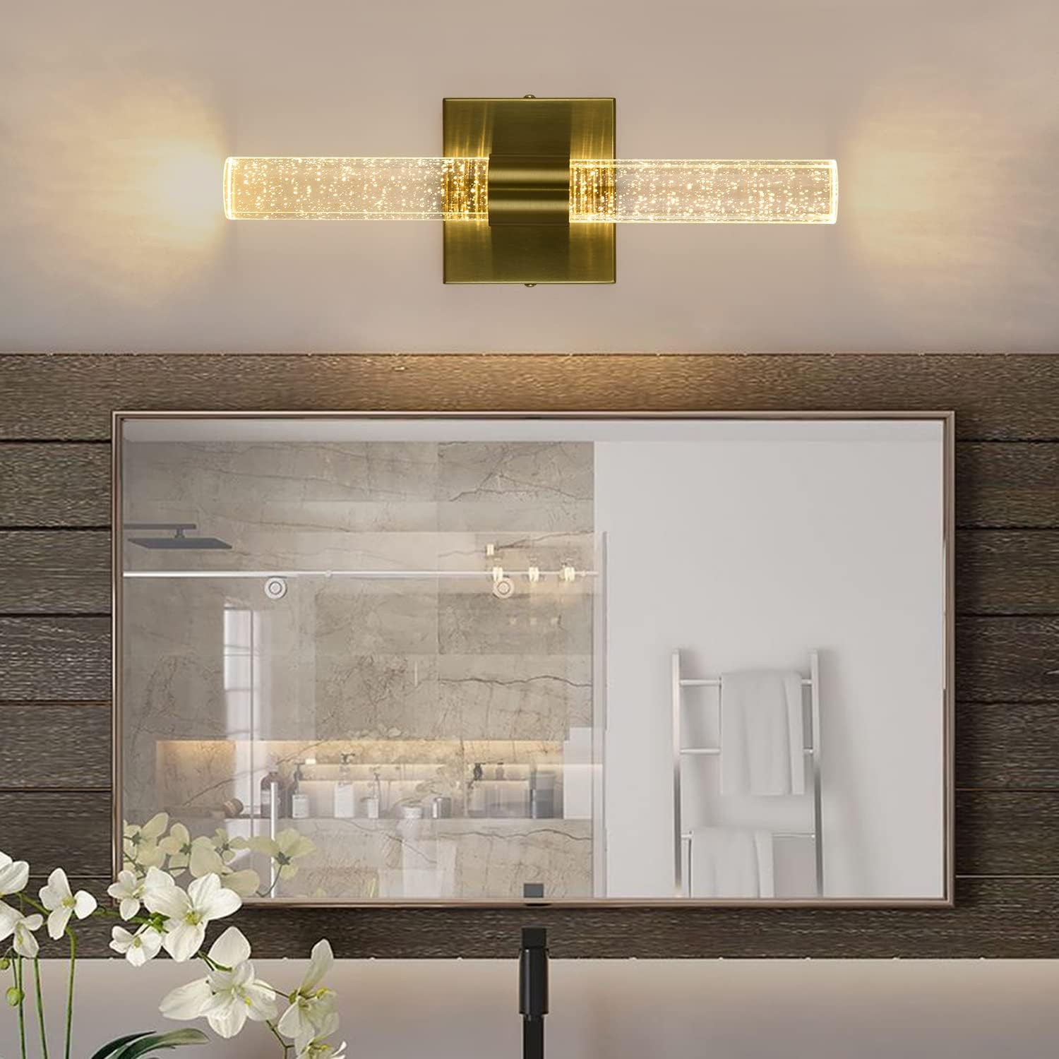 Juego de 2 apliques de pared dorados con luces LED de cristal para tocador de baño, paquete de 2 apliques de cristal modernos para montaje en pared