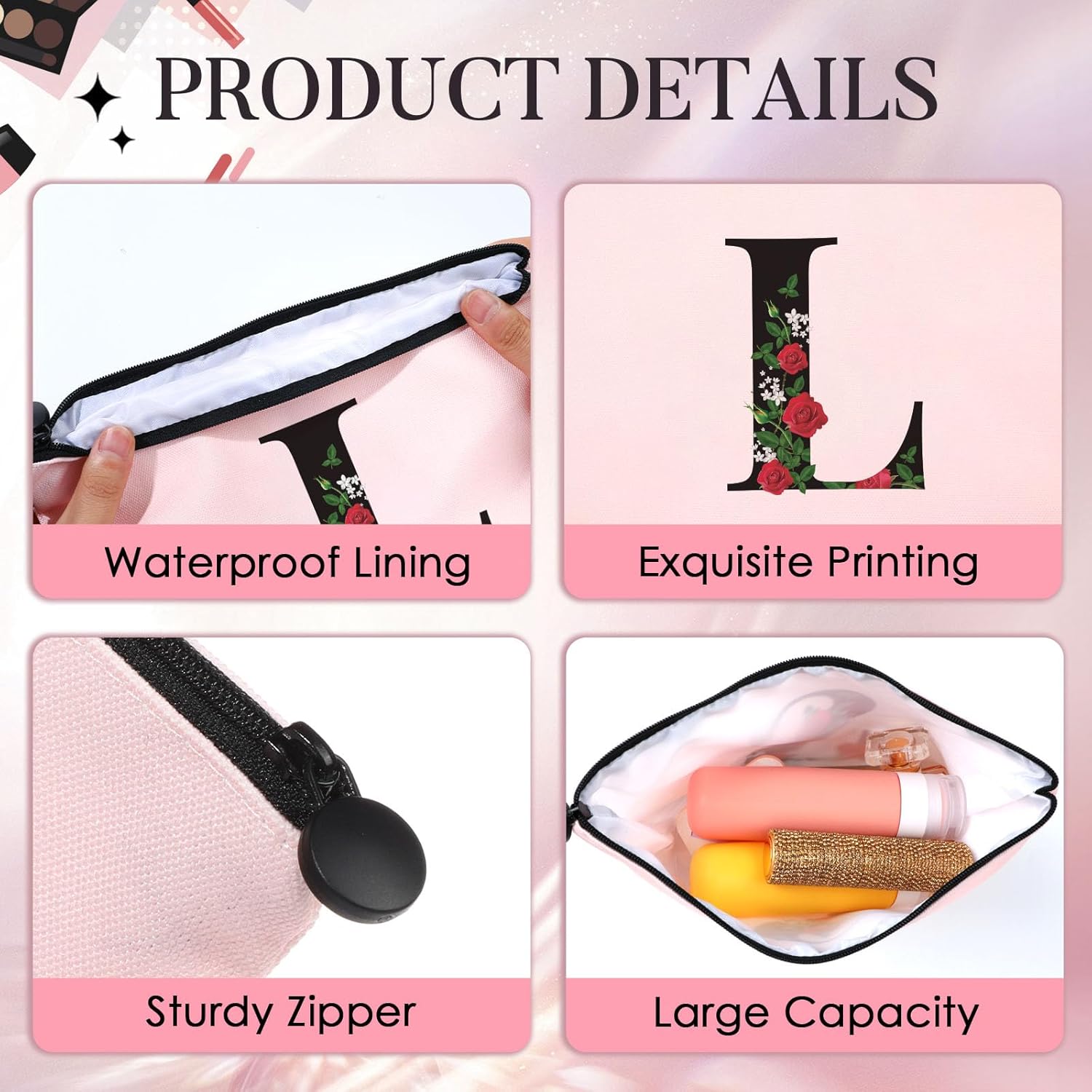 Bolsa de maquillaje con letra L inicial para mujeres y niñas, bolsa de cosméticos con monograma rosa, bolsa de aseo personalizada, regalo del día de