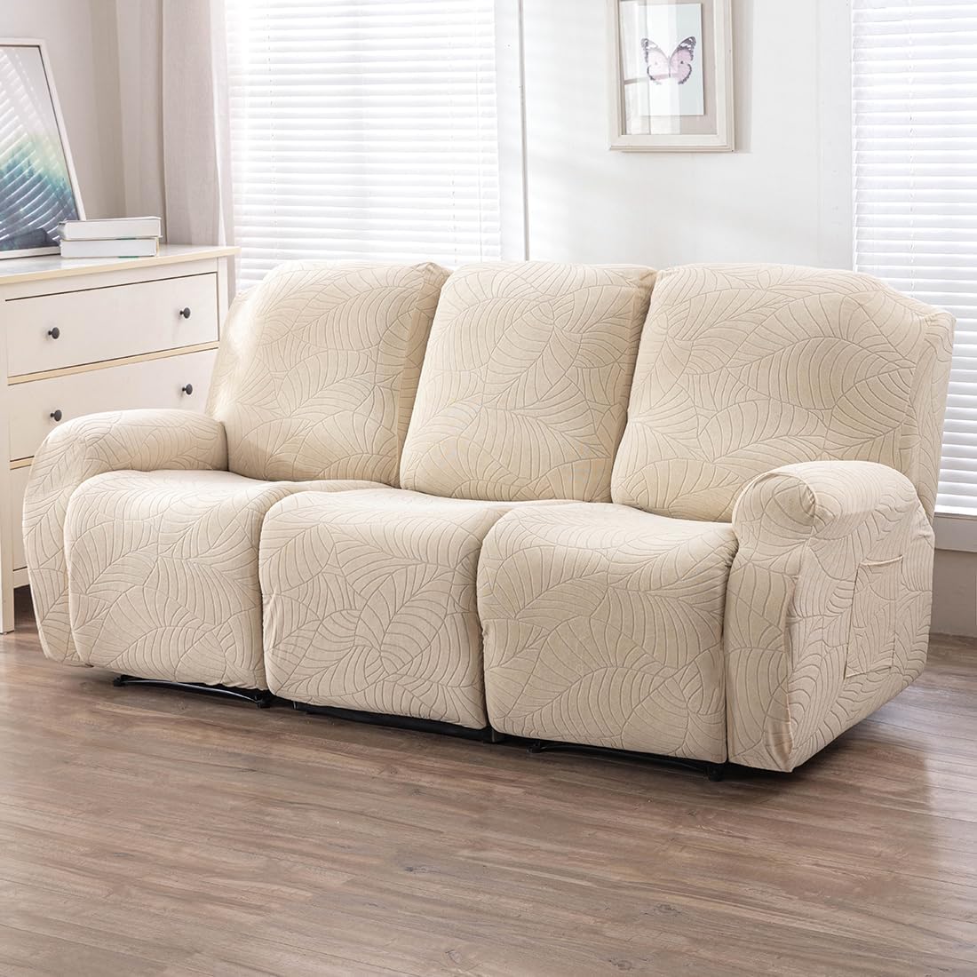 vctops Fundas repelentes al agua para sofá reclinable de 8 piezas, diseño de hojas jacquard, elásticas, suaves para sofá reclinable de 3 cojines,