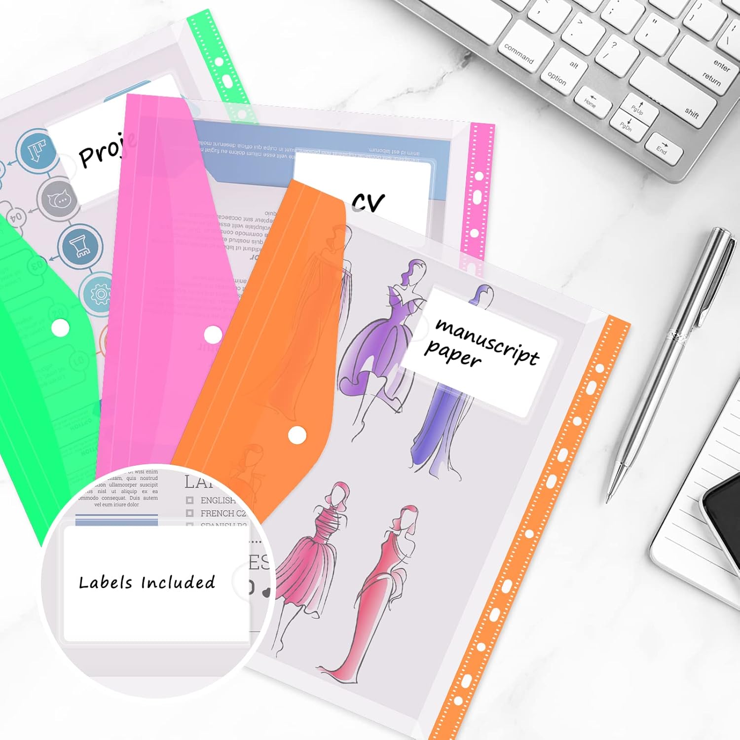 Colorlife – Paquete de 12 carpetas de plástico para sobres, 11 agujeros, carpetas expandibles para documentos de 234 anillos con botón a presión y