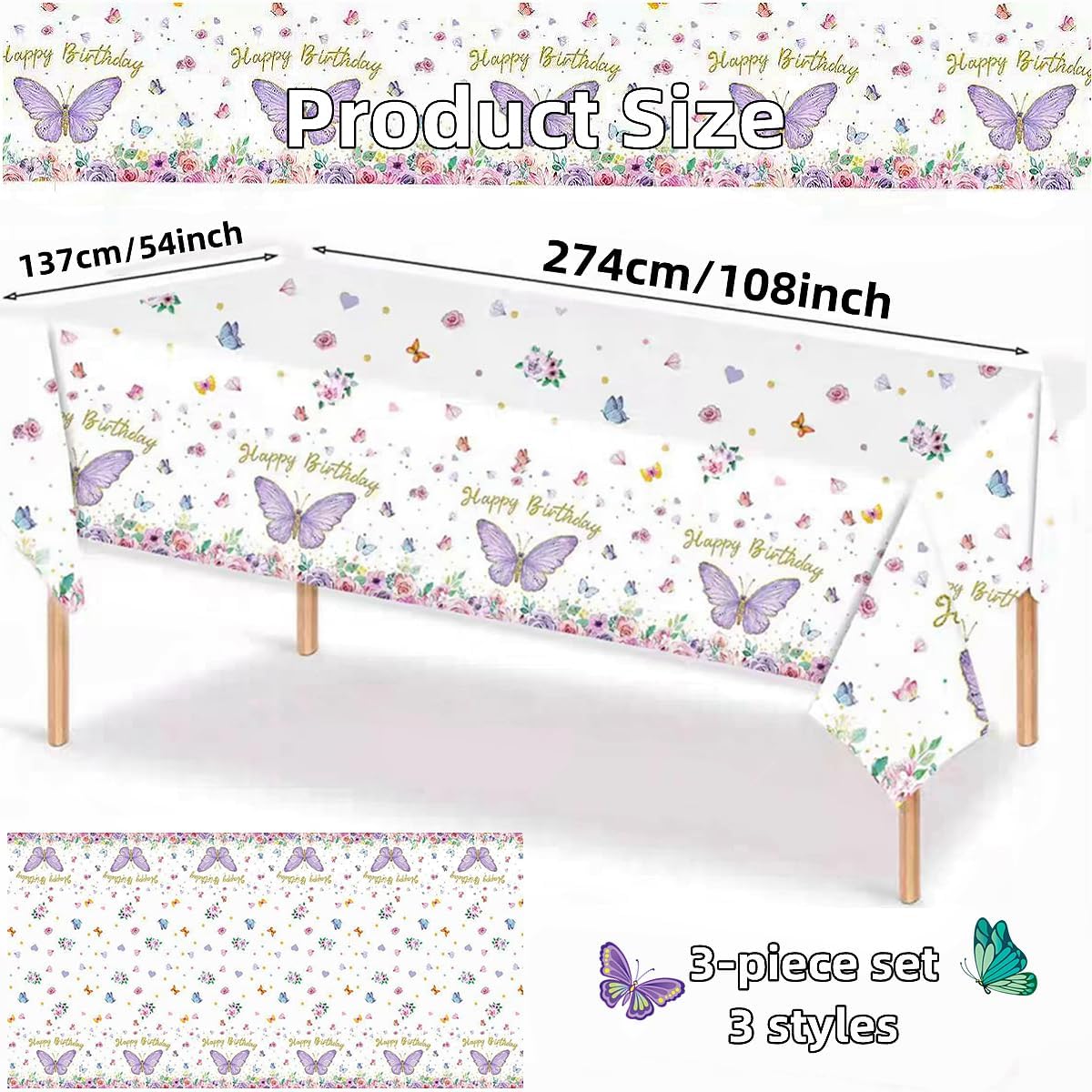 3 manteles de mariposa de feliz cumpleaños, decoración de fiesta de cumpleaños de mariposa para niña, 108 x 54 pulgadas, cubierta de mesa de
