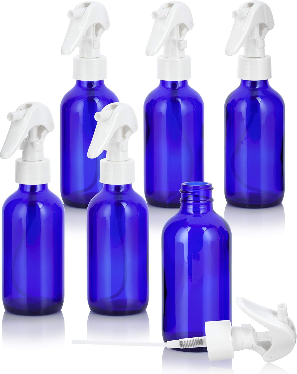 JUVITUS Botella redonda Boston de vidrio azul cobalto de 4 onzas con spray gatillo blanco (paquete de 6) I Contenedores de almacenamiento vacíos