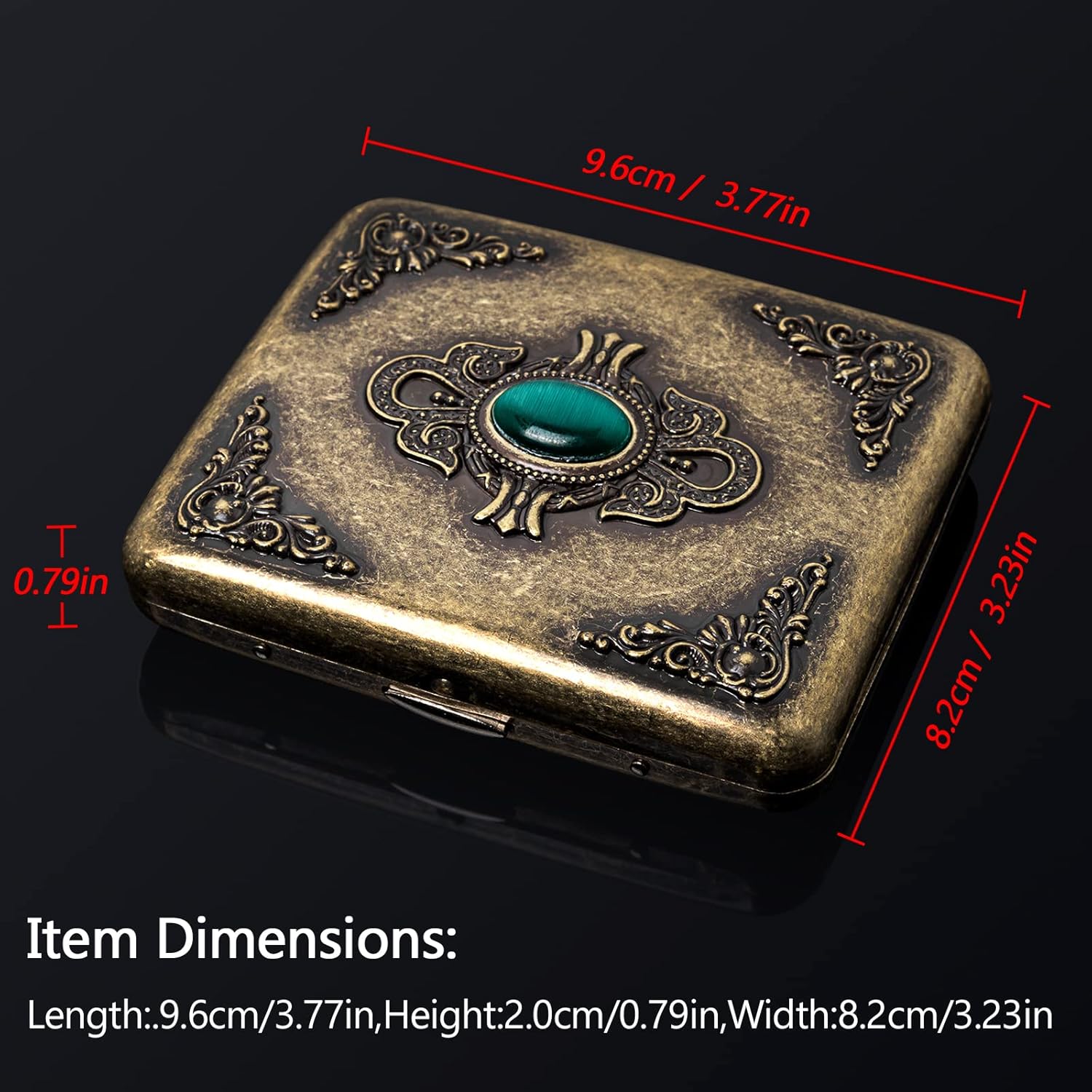 Caja de metal vintage, cobre chapado en metal, capacidad 18-20, adorno esmeralda de imitación de superficie, embalaje de caja de regalo (bronce,