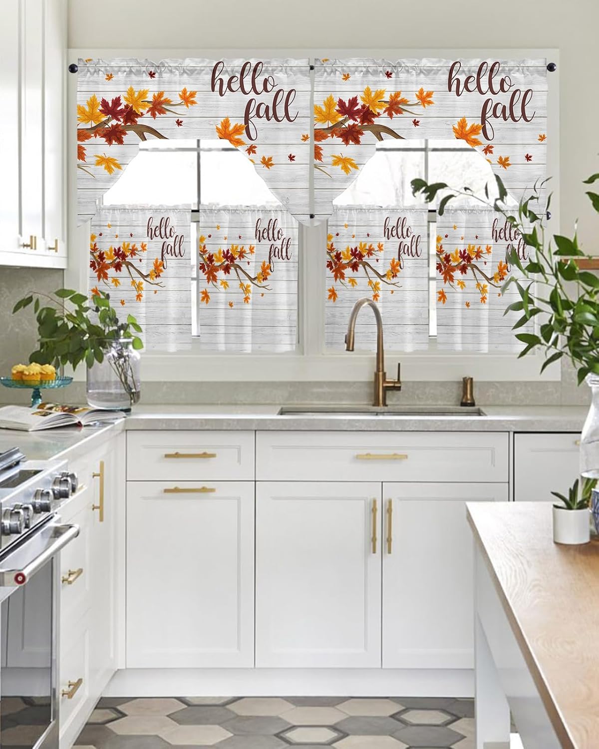 Juego de 3 cortinas y cenefas de cocina, cortinas cortas de otoño con bolsillo para barra, cortinas de ventana de granero de madera para decoración