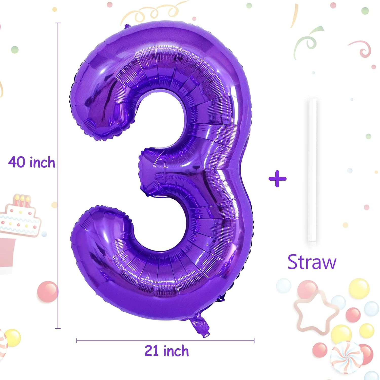 Globo morado de 40 pulgadas con el número 3, globos de helio de Mylar de gran tamaño para fiesta de cumpleaños, boda, aniversario, despedida de
