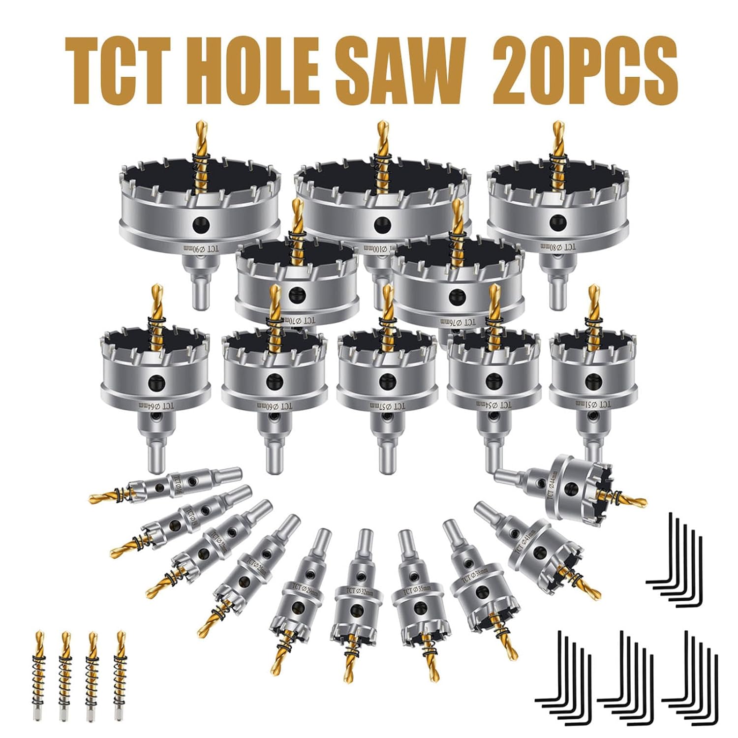 dashap Juego de 20 piezas de sierra perforadora de carburo TCT con 4 brocas, juego de sierra perforadora para metal, sierra de corte de dientes con