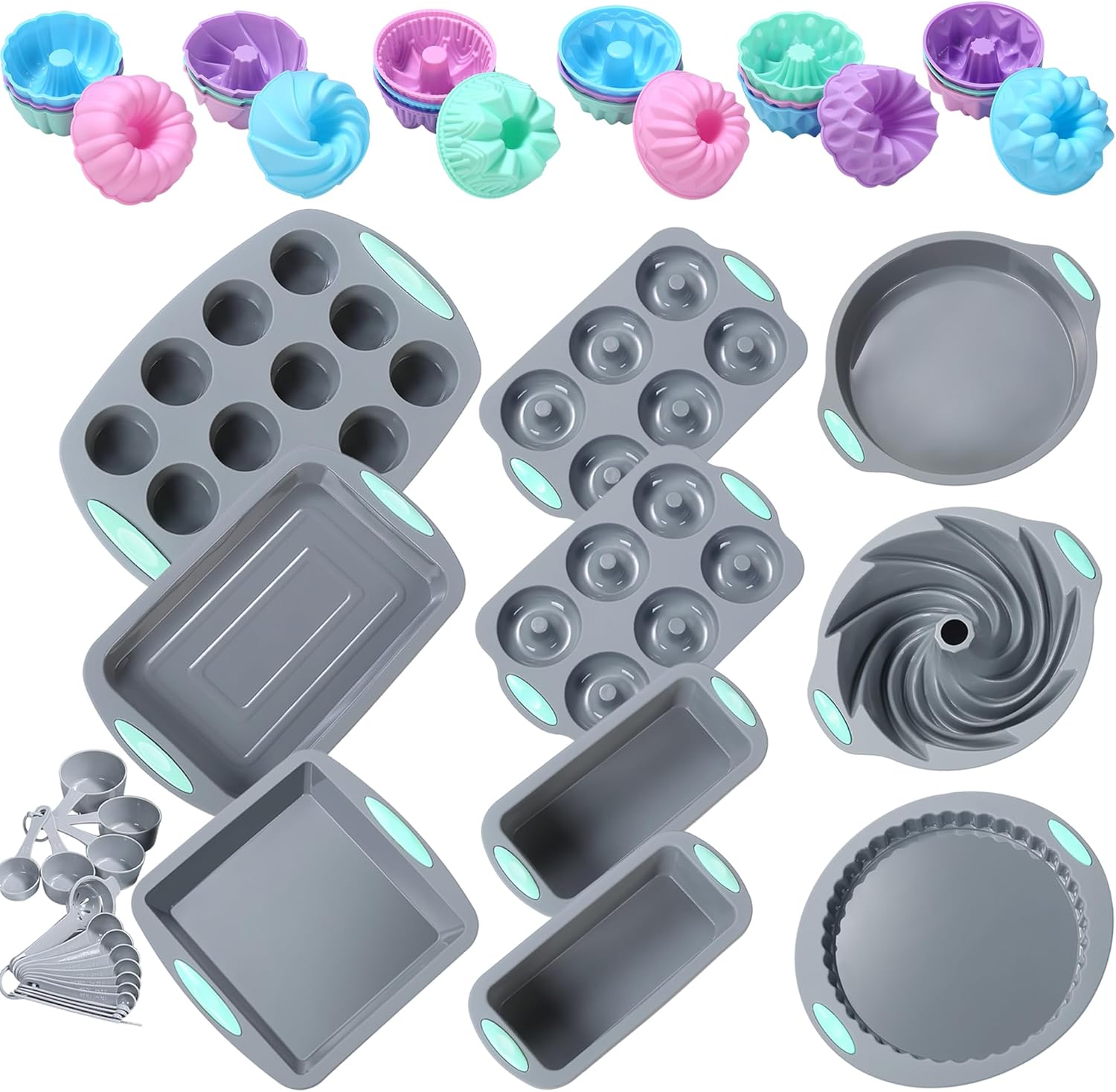 Tongjude Juego de 51 utensilios de silicona para hornear, moldes antiadherentes para hornear, moldes de silicona para pasteles con molde para