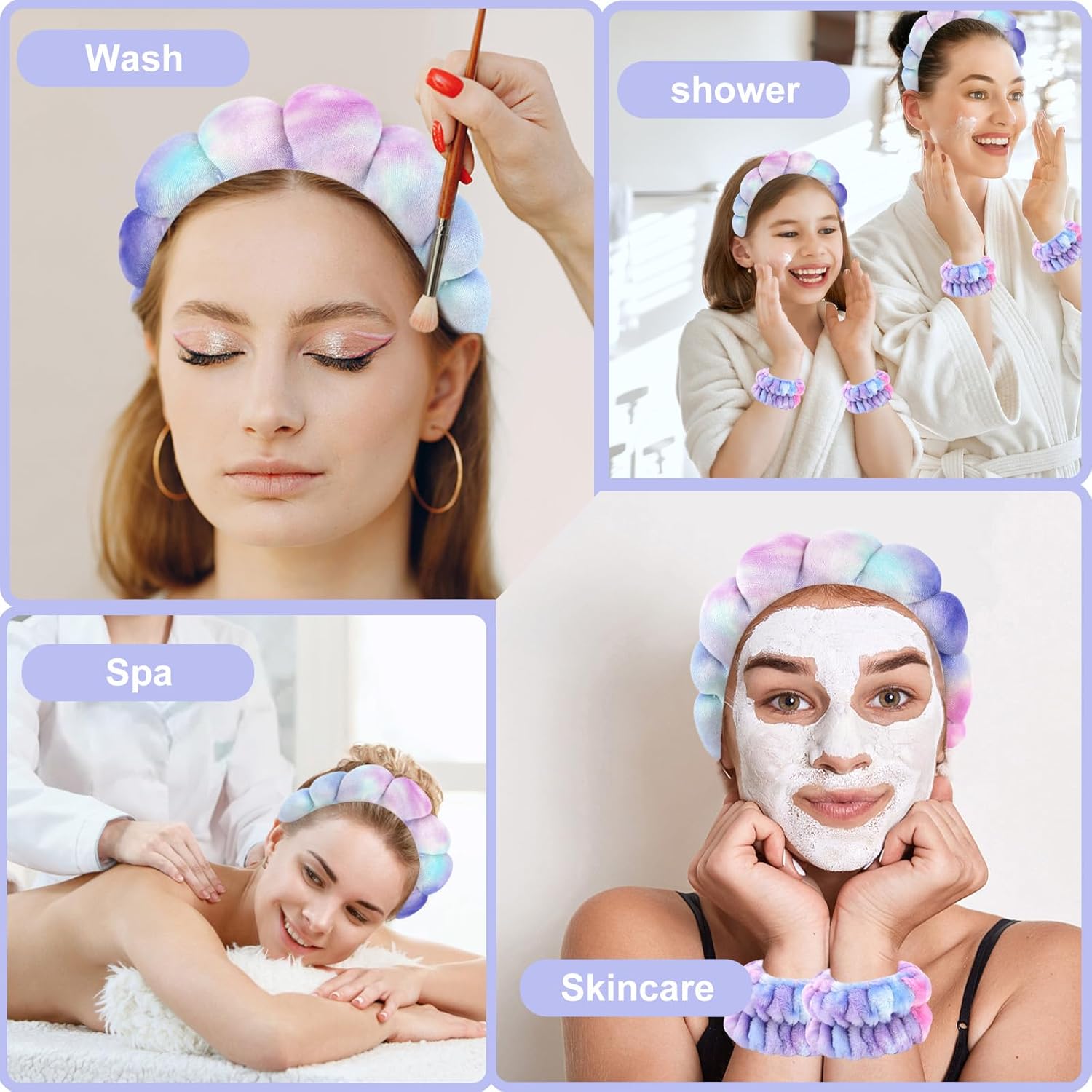 CAVETEE Diadema de maquillaje para mujer, diadema de cuidado de la piel para lavar la cara, bonita diadema de spa hinchada teñida con banda elástica