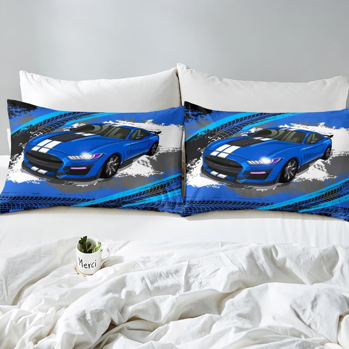 Funda de edredón azul para niños y hombres, juego de ropa de cama de auto de carreras de graffiti tamaño matrimonial, funda de edredón de pista de
