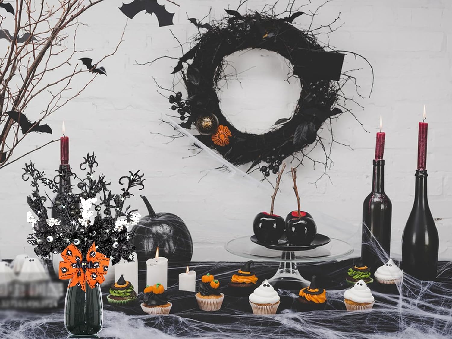 4 piezas de flores artificiales negras con purpurina de Halloween, murciélagos, ojos del diablo, tallos artificiales de ojos encantados, decoración