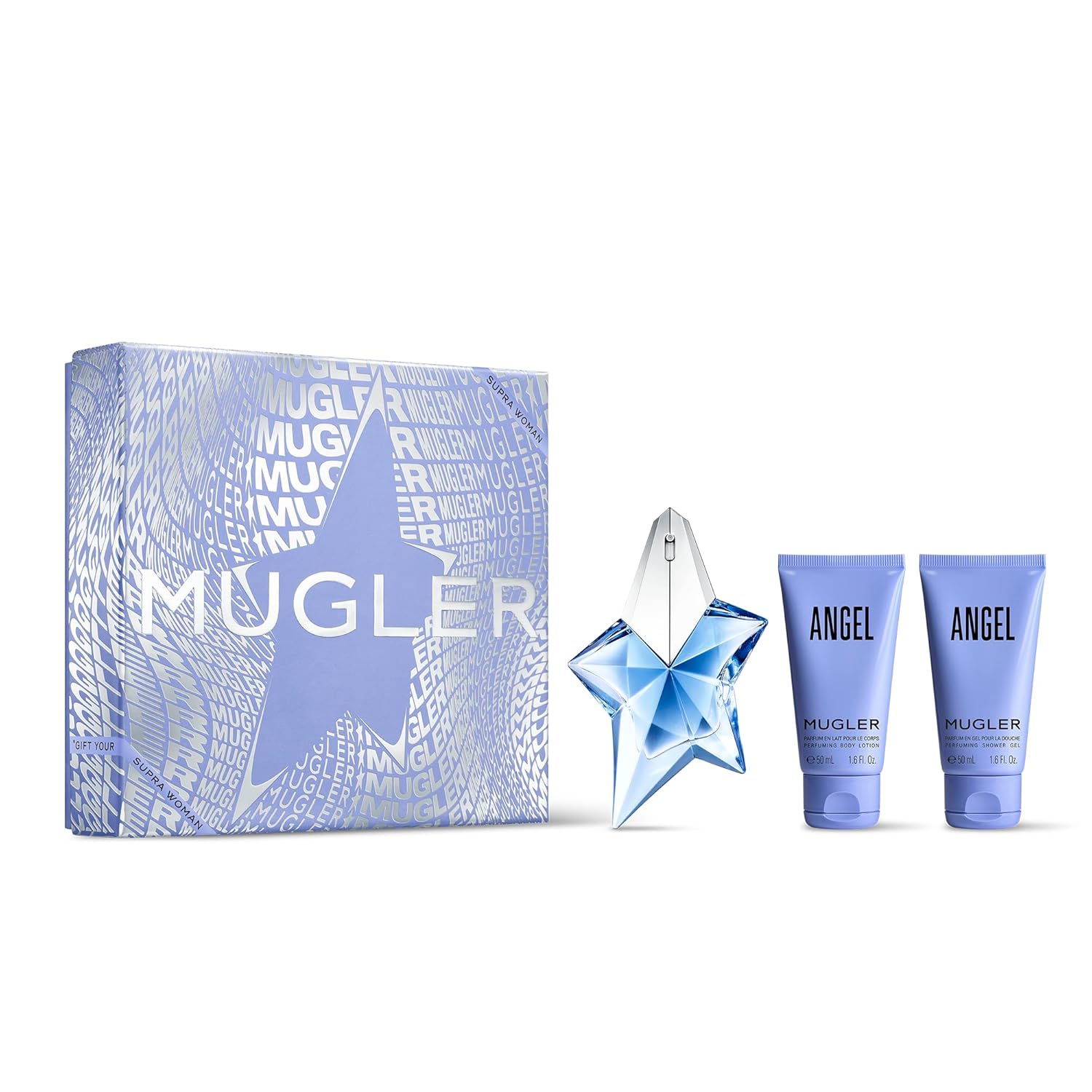 MUGLER Angel – Eau de Parfum – Set de regalo de perfume para mujer – Ambery & Woody – Con bergamota, praliné y pachulí – Fragancia de larga duración
