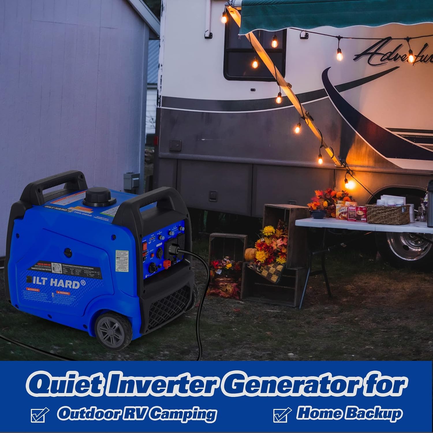 BILT HARD Generador de 5500 vatios, generador inversor silencioso portátil con arranque eléctrico, 120 V NEMA 5-20R, NEMA TT-30R y salida de 12 V