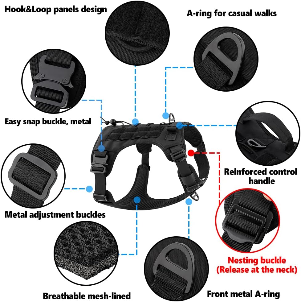 Plutus Pet Arnés táctico para perro, hebillas de metal, chaleco para perro de servicio sin tirones con asa, arnés militar ajustable para perro con