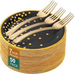 Platos y tenedores de papel para fiesta de cumpleaños, 50 platos de postre de papel de 7 pulgadas y 50 tenedores de plástico de 6.3 pulgadas, platos Platos y tenedores de papel para fiesta de cumpleaños, 50 platos de postre de papel de 7 pulgadas y 50 tenedores de plástico de 6.3 pulgadas, platos