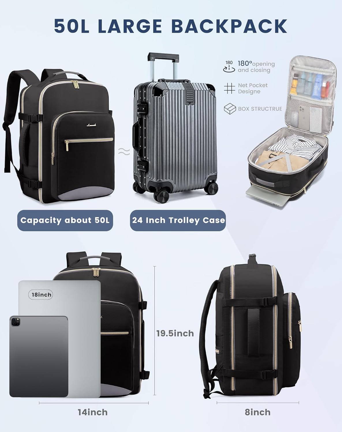 LOVEVOOK Mochila de viaje para mujeres y hombres como artículo personal aprobado por vuelo, equipaje de 40 L, Negro –