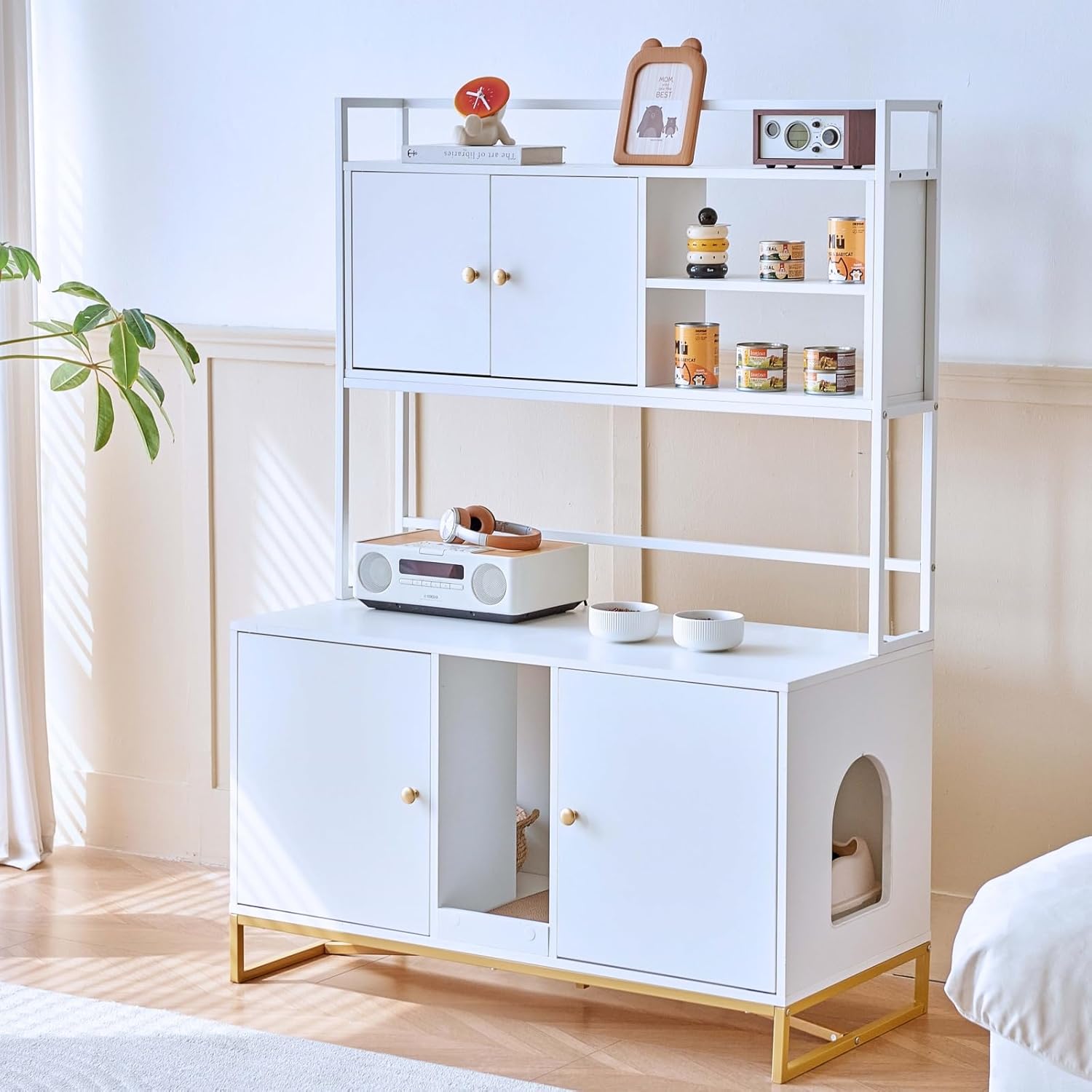 Caja de arena para gatos, caja de arena grande oculta para gatos de 60 pulgadas con estante, muebles de casa para gatos de interior con almohadilla