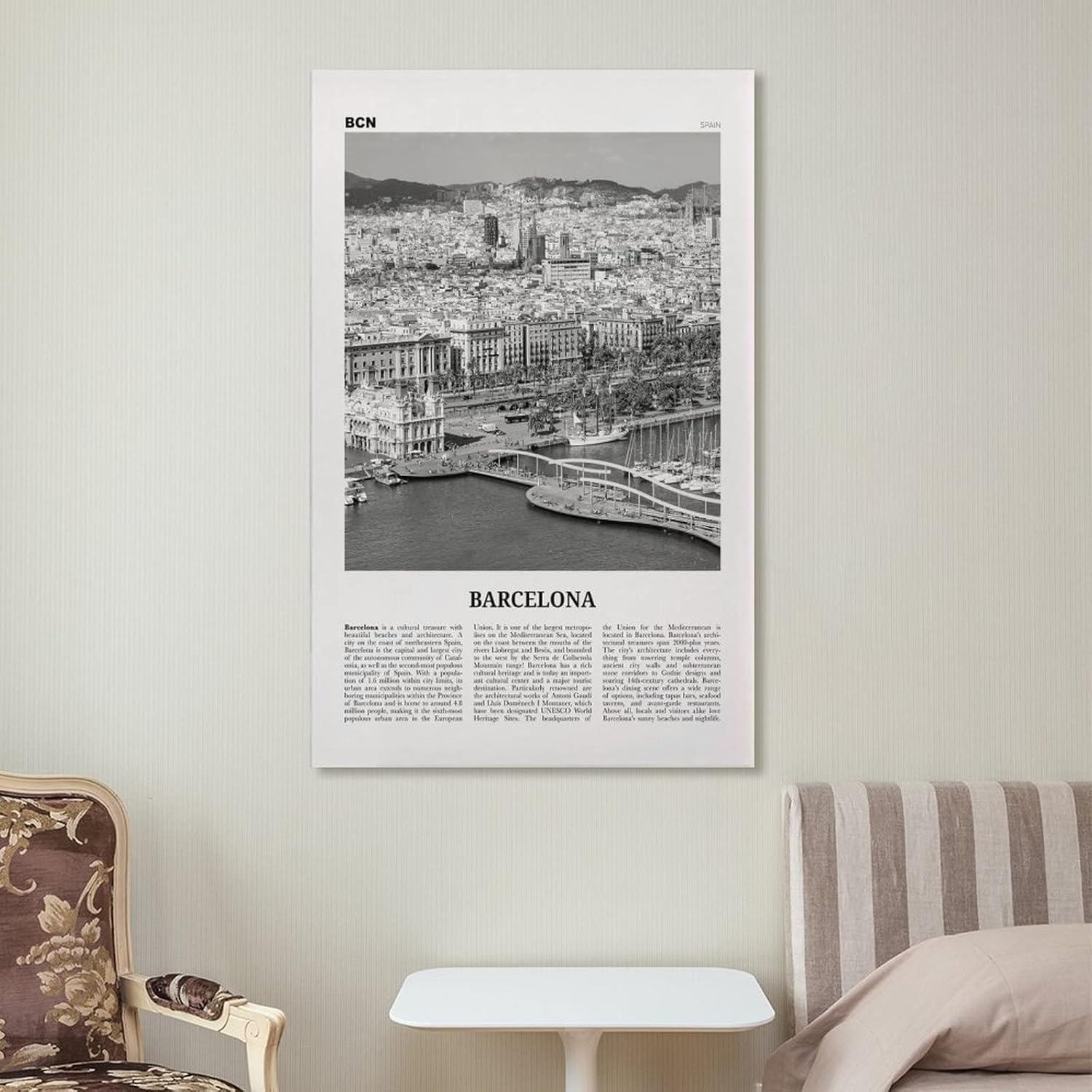 Barcelona – Póster de pared con estampado de océano blanco y negro, póster de Barcelona, foto de Barcelona, lienzo de Barcelona, póster de pared