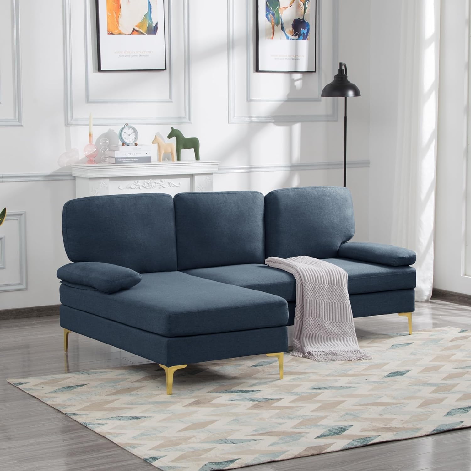 Sofá modular con diván y 2 almohadas desmontables con reposabrazos, sofá en forma de L de 3 plazas con orientación izquierda y patas de metal, para
