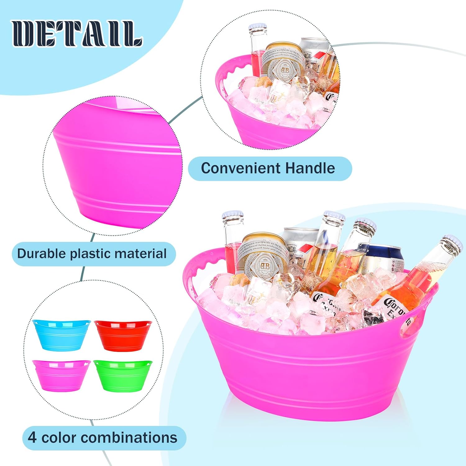 8 cubos de hielo, cubos de hielo de plástico para fiestas, cubos de bebidas con asas, cubos de bebidas, recipiente de plástico ovalado para botellas