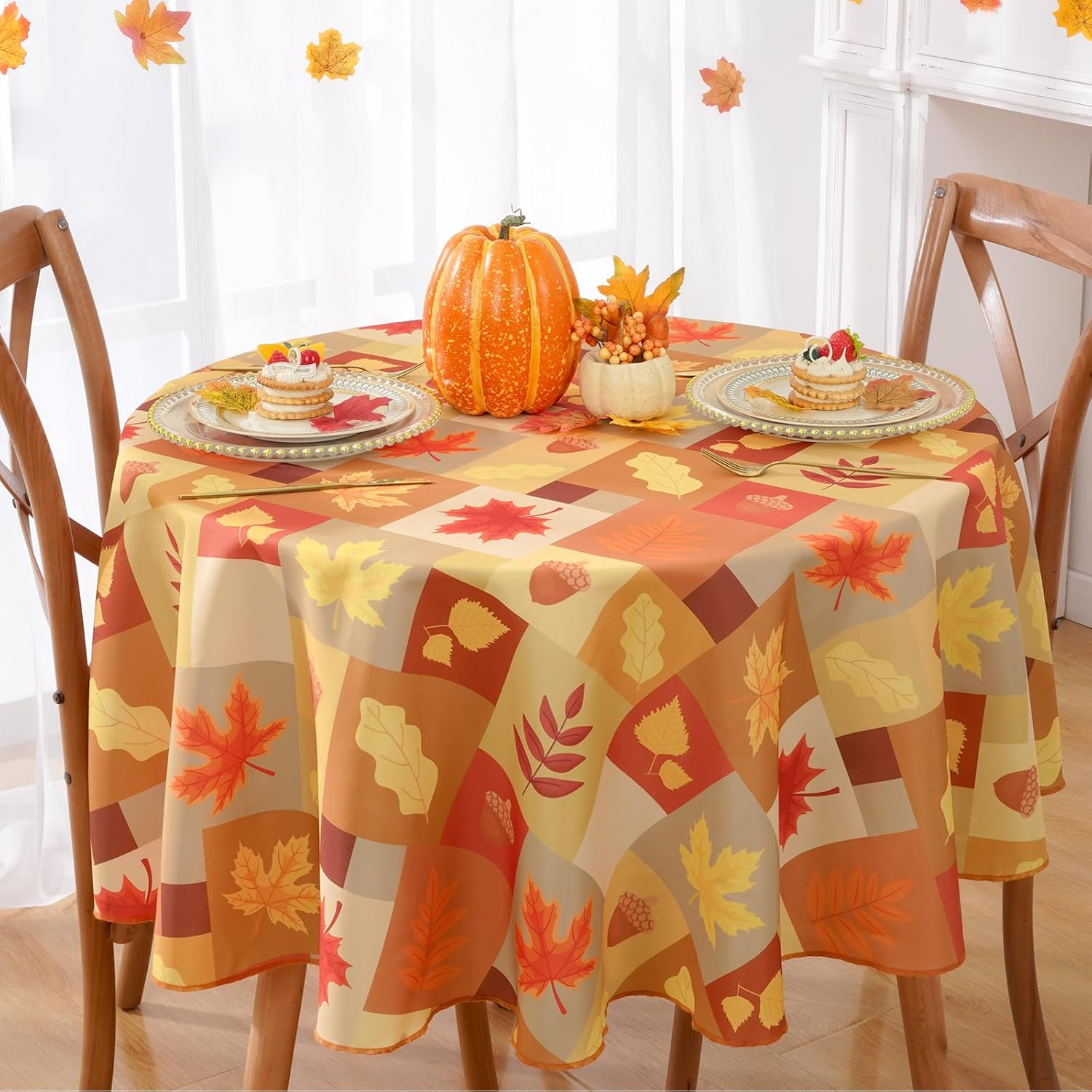 Alishomtll Mantel de otoño de 60 pulgadas, mantel redondo de hojas para decoraciones de Acción de Gracias, mantel rectangular impermeable naranja,
