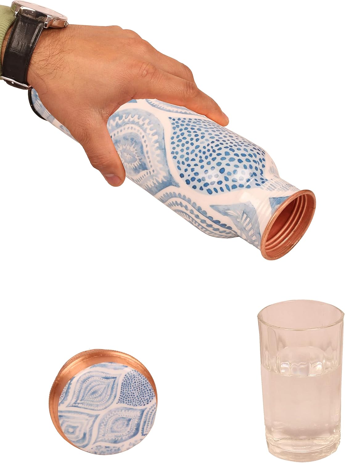 Botella de agua de cobre puro  Hecho a mano  Beneficios para la salud Ayurveda  Grande 35 oz  A prueba de fugas  Fácil de llevar para deportes,