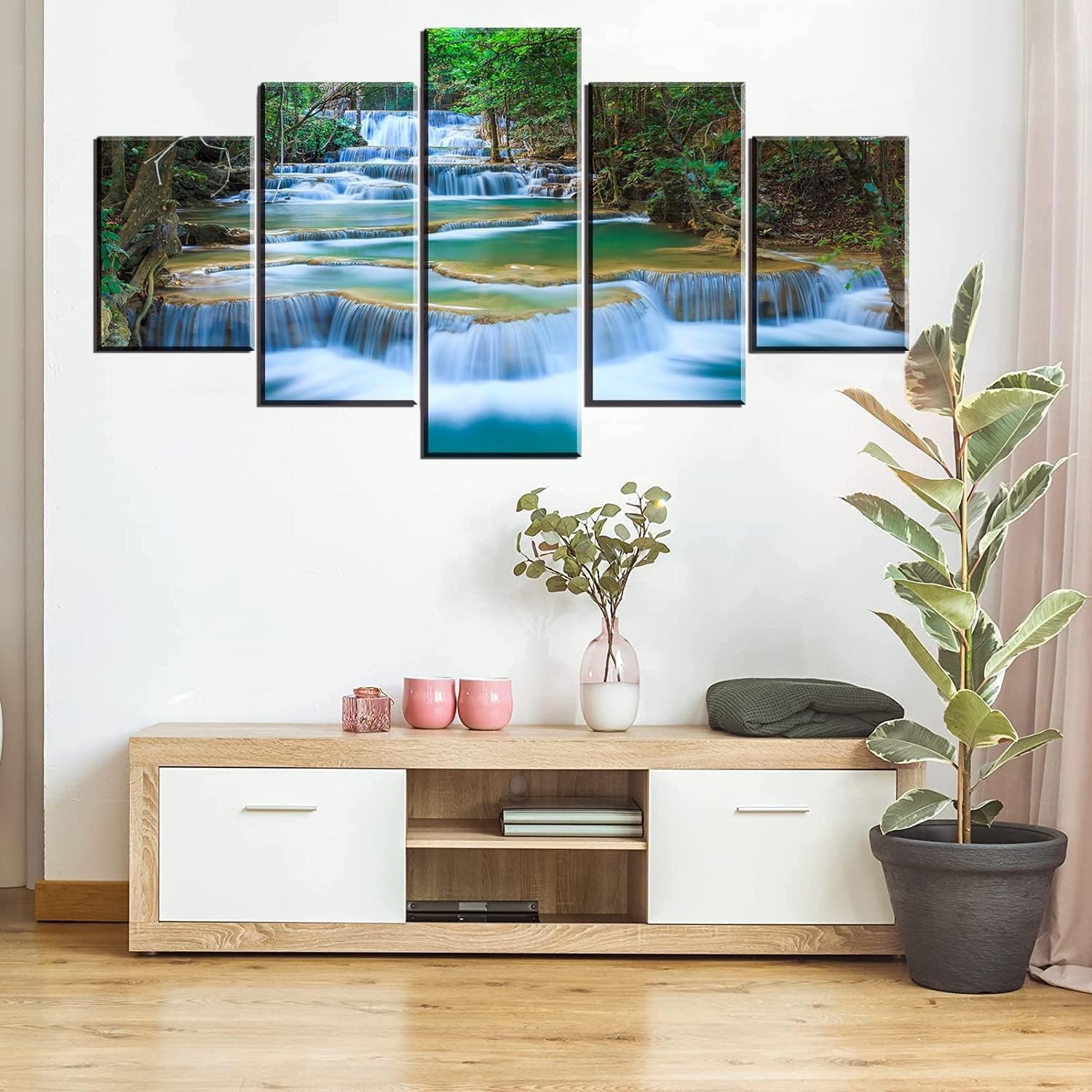 SZ – Lienzo decorativo para pared en cascada para sala de estar, 5 piezas de impresiones de estanque relajante en bosque tropical (montaje con
