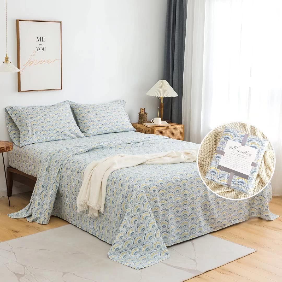 KACEMOO Juego de sábanas tamaño matrimonial de 4 piezas con estampado floral azul bohemio, sábanas de lujo refrescantes de 17 pulgadas de
