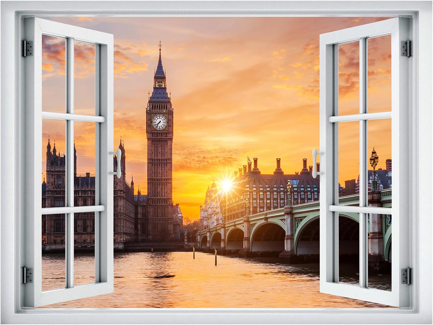 wall26 Adhesivo mural removible para pared, vista de ventana, Londres, Inglaterra, puente Big Ben al atardecer, naturaleza, desierto, fotografía,