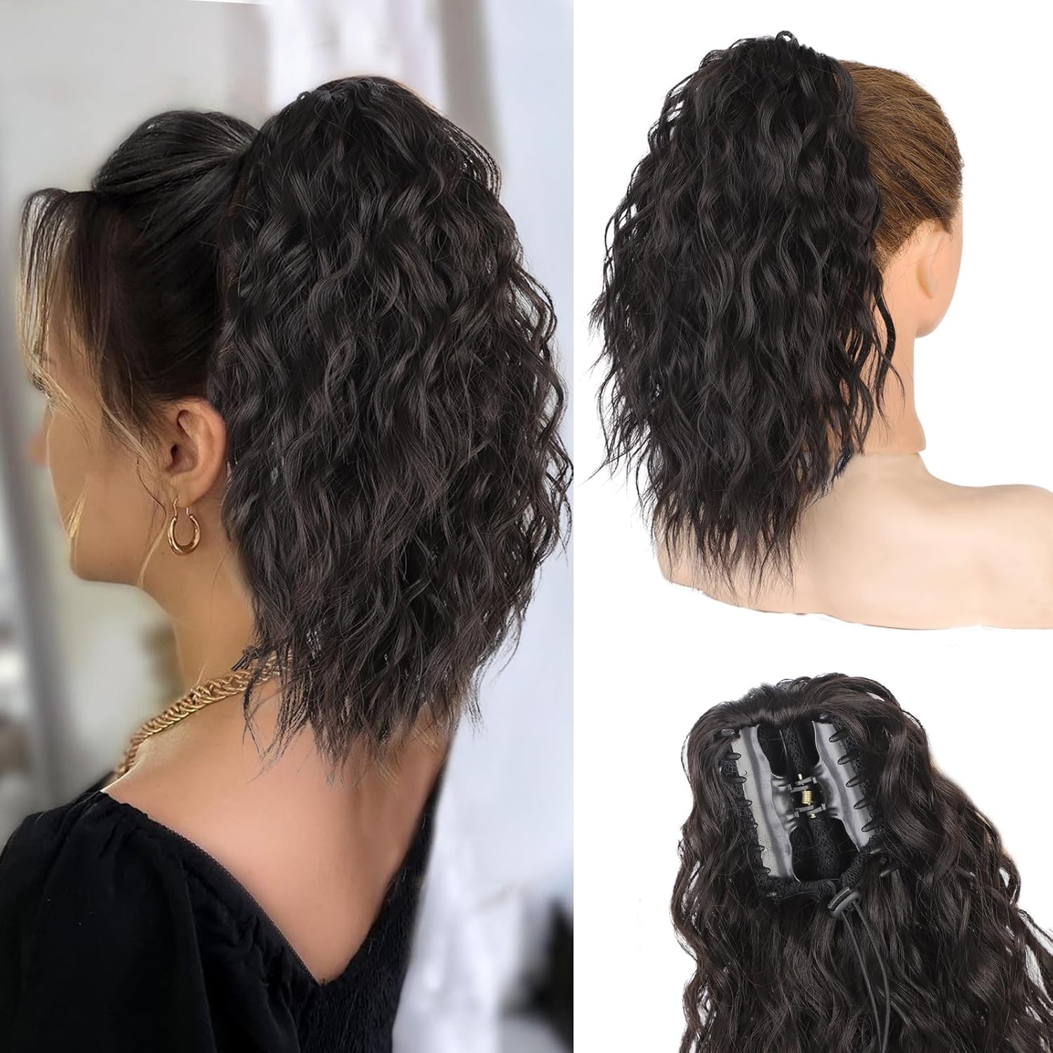 Extensión de cola de caballo con clip para mujer, extensión de cola de caballo corta ondulada sintética esponjosa (14 pulgadas, marrón negro)