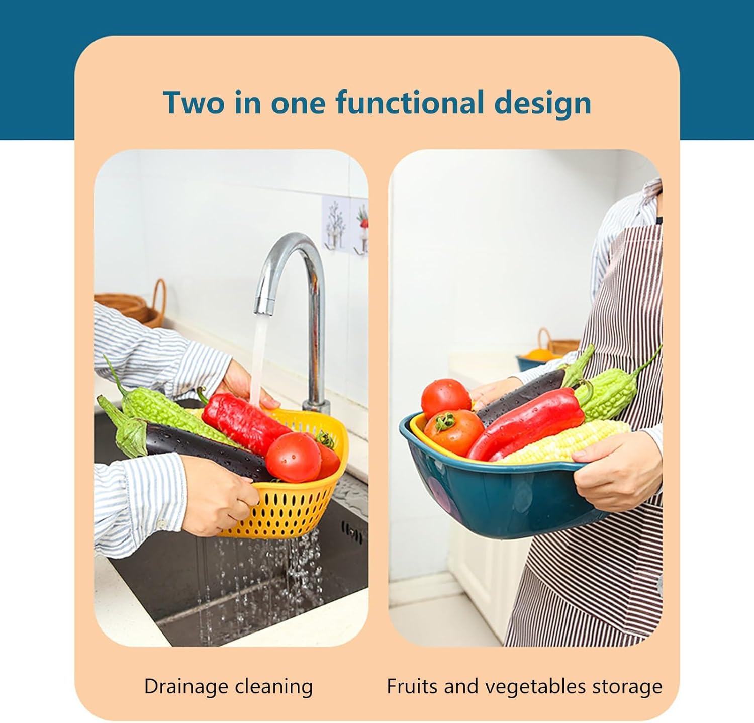 Lavabo de cocina de seis piezas en cesta de drenaje de doble capa para verduras y frutas, cesta de lavado de plástico multifuncional, colador y