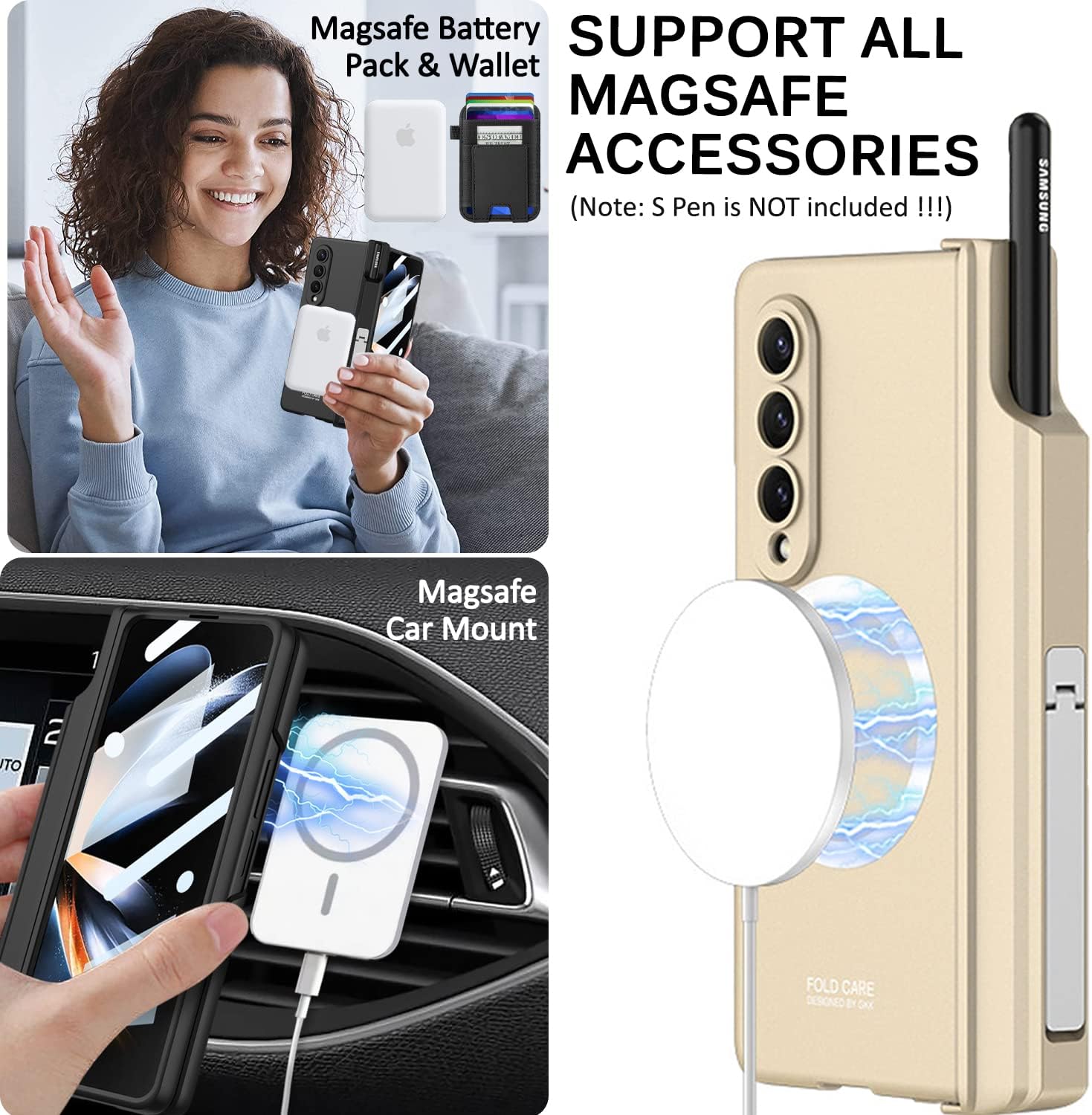 Miimall – Funda para Samsung Galaxy Z Fold 4 con soporte para bolígrafo, protector de pantalla integrado, soporte y funda de protección de bisagra