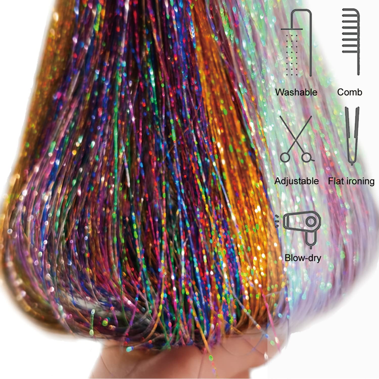 12 extensiones de cabello de oropel con clip de oropel con purpurina de 19.6 pulgadas, kit de oropel resistente al calor, accesorios de cabello de