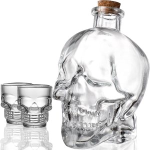 Juego de decantadores de calavera de 25 onzas  25.4 fl oz, botella de licor de calavera de cristal con 2 tazas pequeñas de 1.7 fl oz, divertida Juego de decantadores de calavera de 25 onzas  25.4 fl oz, botella de licor de calavera de cristal con 2 tazas pequeñas de 1.7 fl oz, divertida