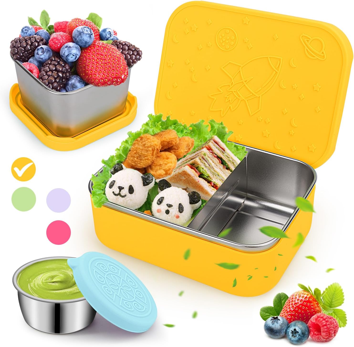 Juego de 3 cajas Bento de acero inoxidable, 96.4 fl oz, a prueba de fugas, cajas de almacenamiento de alimentos divididas con tapa de silicona y
