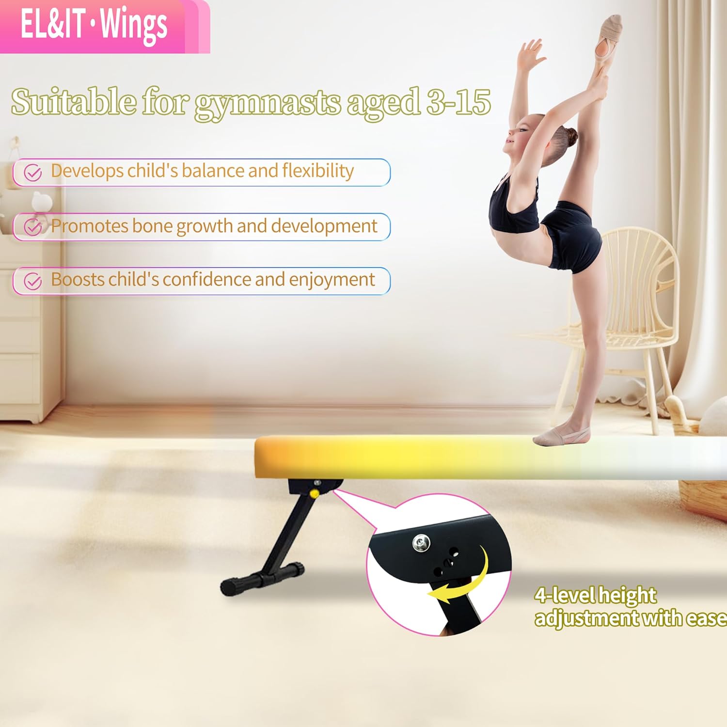 EL&ITWings Viga de equilibrio de gimnasia de 6 pies, viga ajustable de piso de nivel alto y bajo, altamente estable, equipo de entrenamiento de