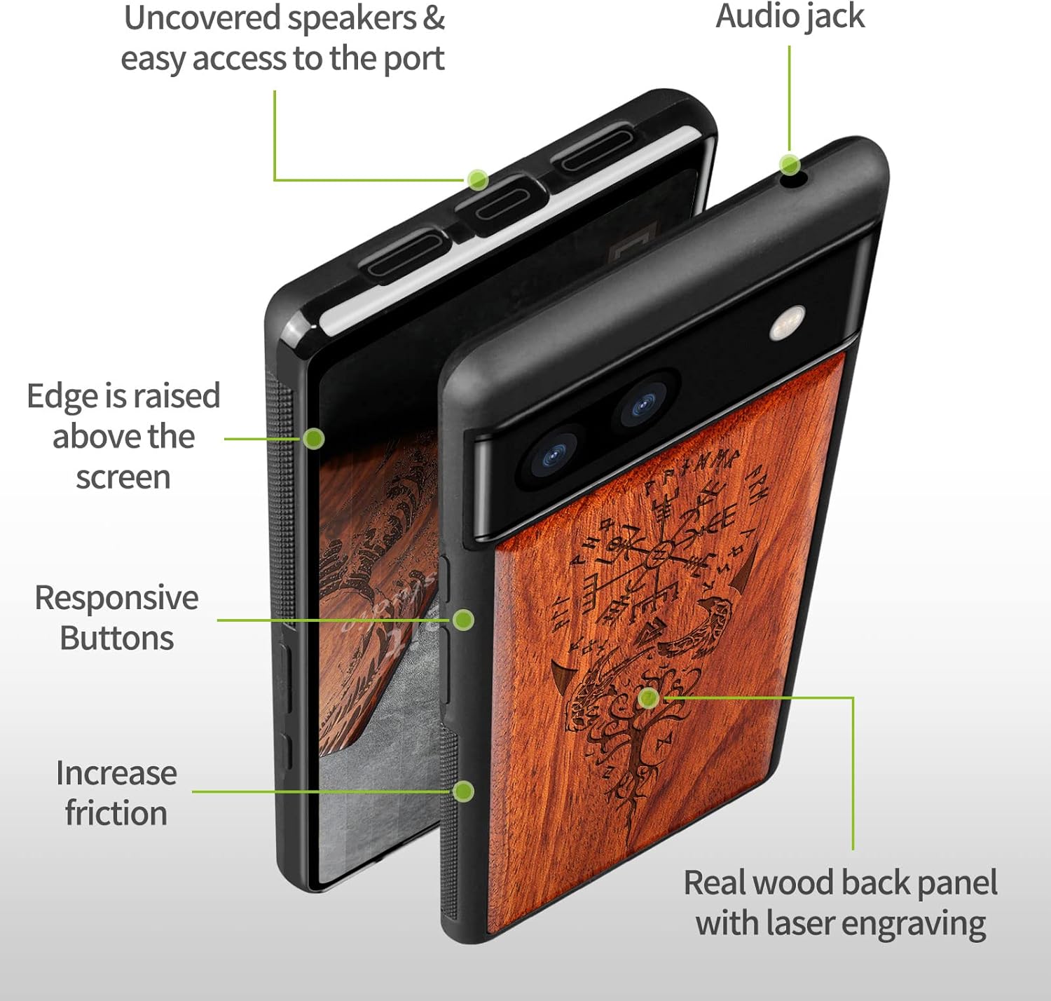 Carveit Funda de madera para Pixel 6a 2022 madera natural y TPU suave negro a prueba de golpes, funda de madera única y elegante compatible con