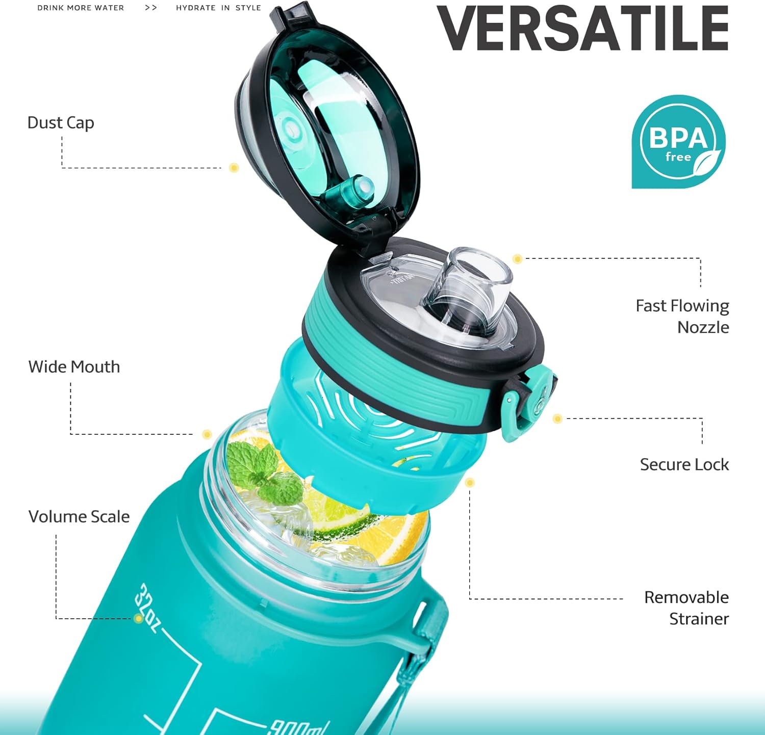 Venture Pal – Botella de agua deportiva de 22 onzas  32 onzas con marcador de tiempo, correa de transporte y cepillo de limpieza, sin BPA, a prueba