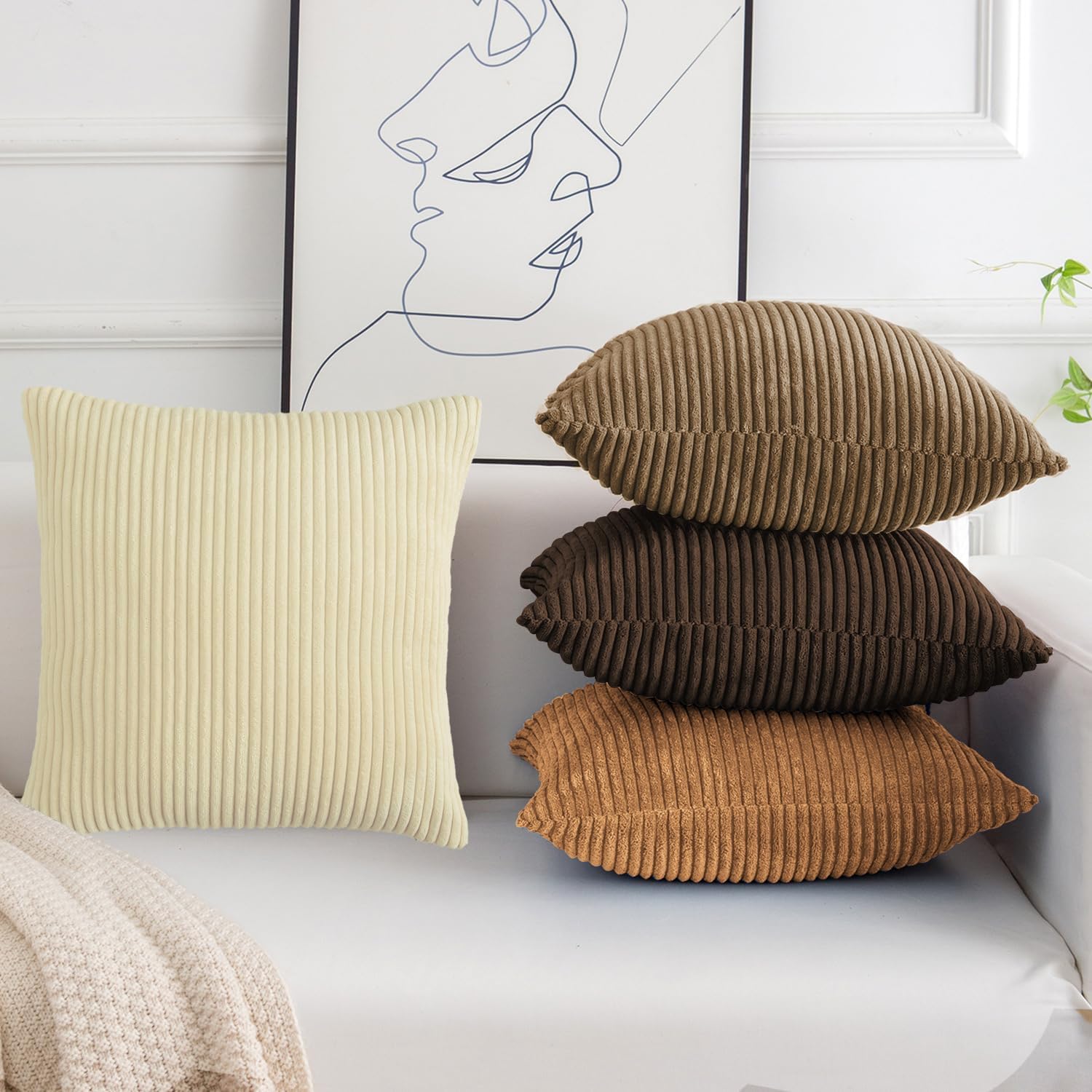 Softalker Juego de 4 fundas de almohada de pana suave a rayas sólidas, 20 x 20 pulgadas, decoración moderna para sofá, dormitorio, sala de estar