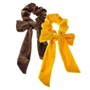 2 coleteros de terciopelo de cola larga con lazo para el cabello, variedad de color amarillo dorado y marrón claro 2 coleteros de terciopelo de cola larga con lazo para el cabello, variedad de color amarillo dorado y marrón claro
