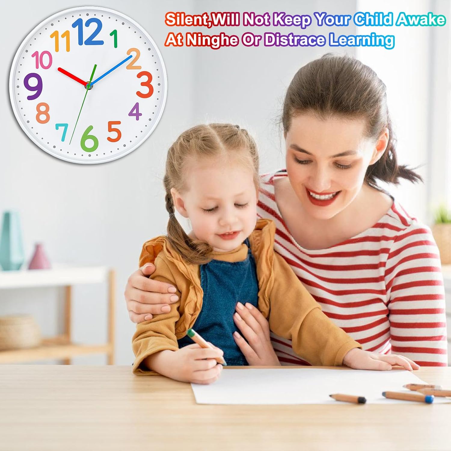 VREAONE Reloj analógico silencioso para niños, reloj de enseñanza de la hora para niños, aprendizaje de reloj para niños, los niños aprenden que el